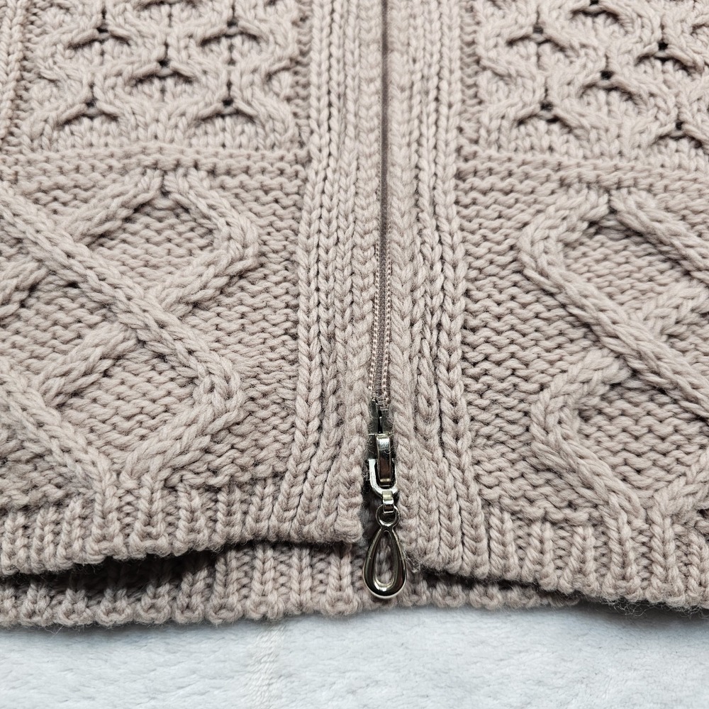 Aran Crafts Irish Wool Cable Knit Full Zip Cardigan Hoodie Womens XS Toupe Long - Picture 10 of 15